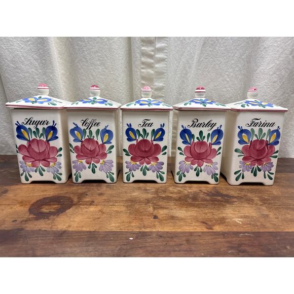Vintage Rbein Ceramic Hand Painted Floral Kitchen Canister Set Made In Germany - Picture 1 of 16